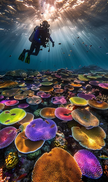 Free Photo diver under sea surrounded by wild nature