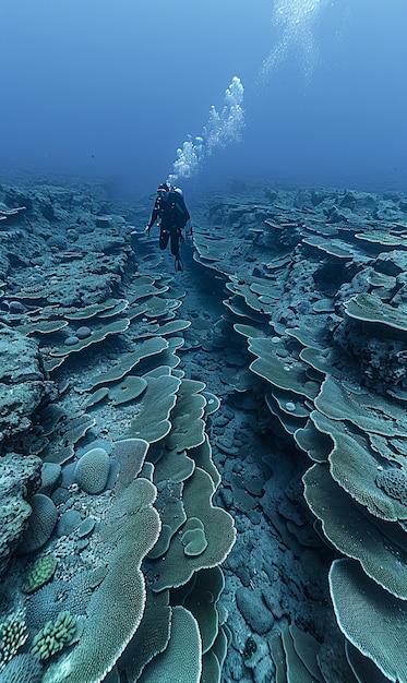 Free photo diver under sea surrounded by wild nature