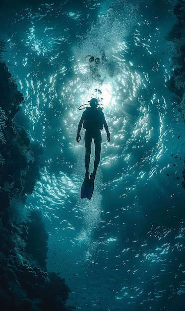 Diver under sea surrounded by wild nature