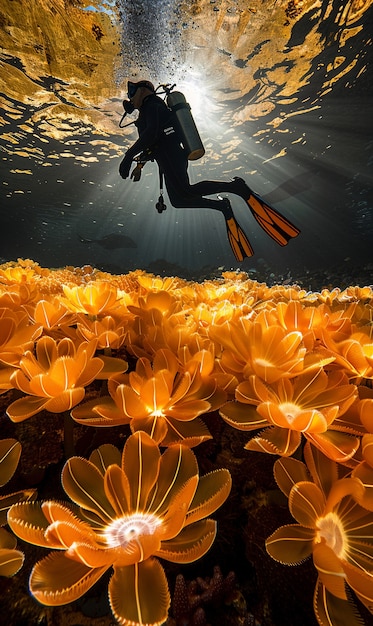 Free photo diver under sea surrounded by wild nature