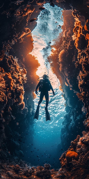 Free photo diver under sea surrounded by wild nature