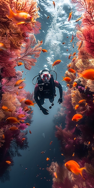 Free photo diver under sea surrounded by wild nature