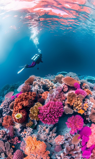 Free photo diver under sea surrounded by wild nature