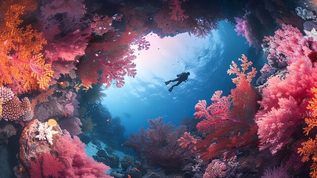 Diver under sea surrounded by wild nature