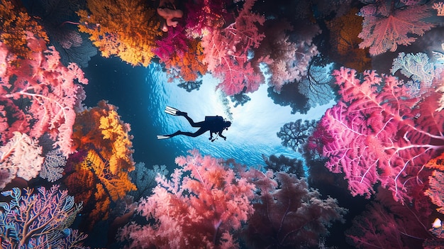 Diver under sea surrounded by wild nature