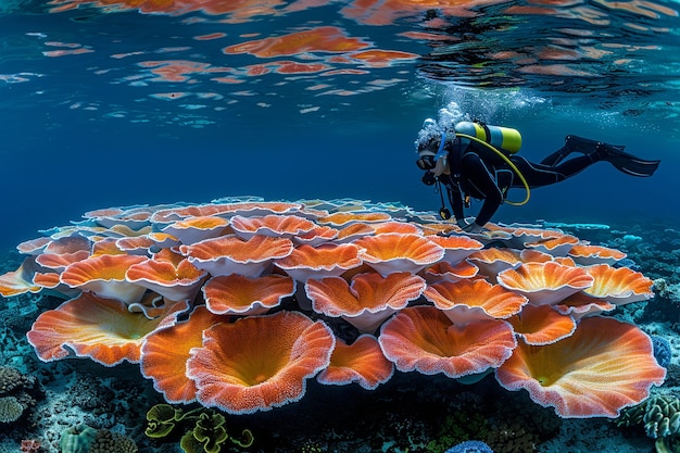 Free photo diver under sea surrounded by wild nature