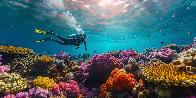 Diver under sea surrounded by wild nature