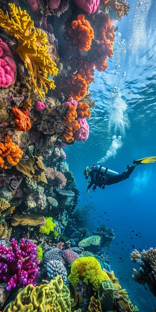 Free photo diver under sea surrounded by wild nature