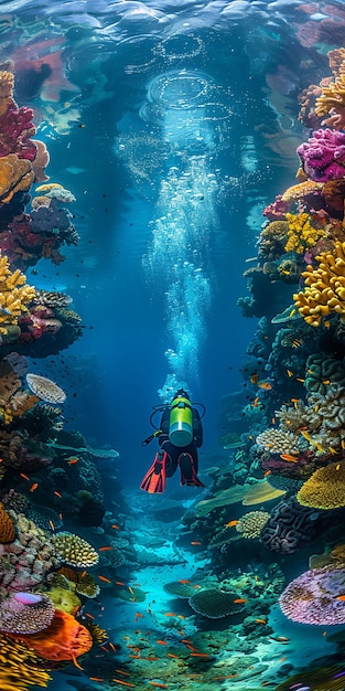 Free photo diver under sea surrounded by wild nature