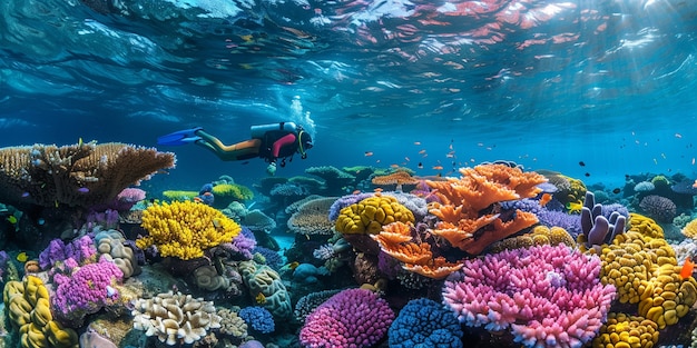 Free photo diver under sea surrounded by wild nature