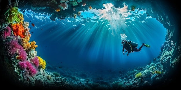 Free photo diver under sea surrounded by wild nature