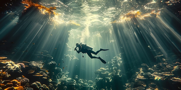 Free photo diver under sea surrounded by wild nature