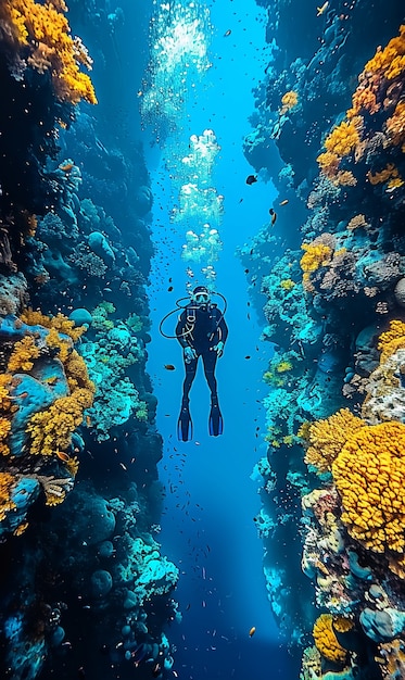 Free Photo diver under sea surrounded by wild nature