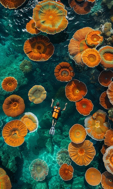 Free photo diver under sea surrounded by wild nature