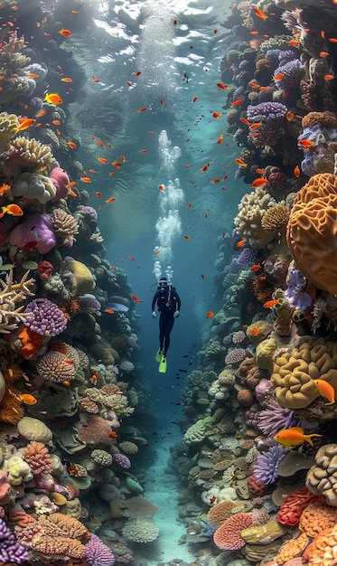 Free photo diver under sea surrounded by wild nature