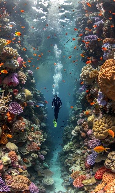 Diver under sea surrounded by wild nature