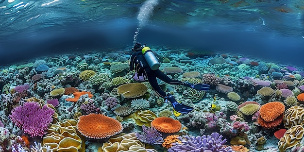 Free photo diver under sea surrounded by wild nature