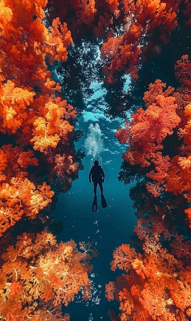 Free photo diver under sea surrounded by wild nature