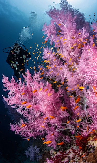 Free photo diver under sea surrounded by wild nature