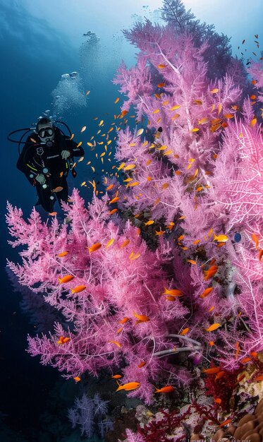 Diver under sea surrounded by wild nature