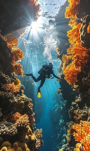 Free Photo diver under sea surrounded by wild nature