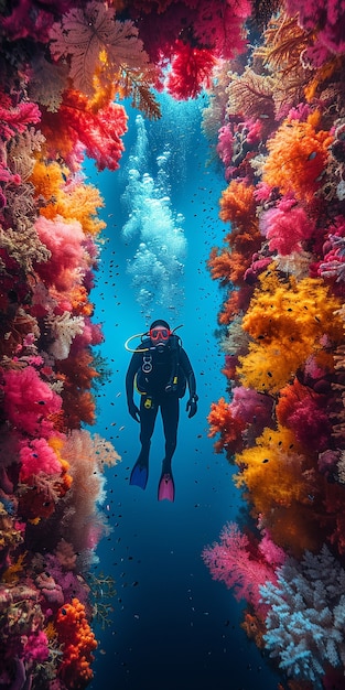 Free photo diver under sea surrounded by wild nature