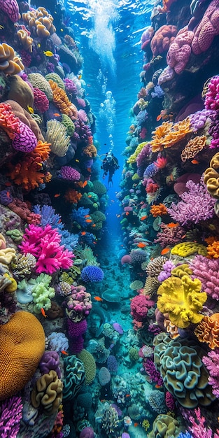 Free photo diver under sea surrounded by wild nature