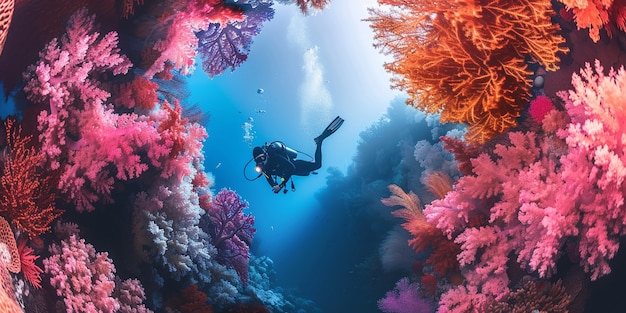 Free photo diver under sea surrounded by wild nature