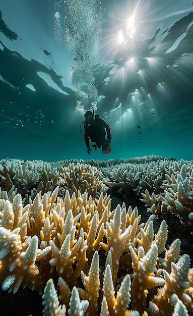 Free photo diver under sea surrounded by wild nature