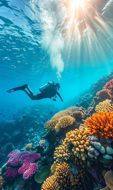 Free photo diver under sea surrounded by wild nature