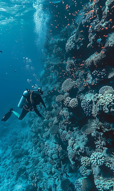 Diver under sea surrounded by wild nature