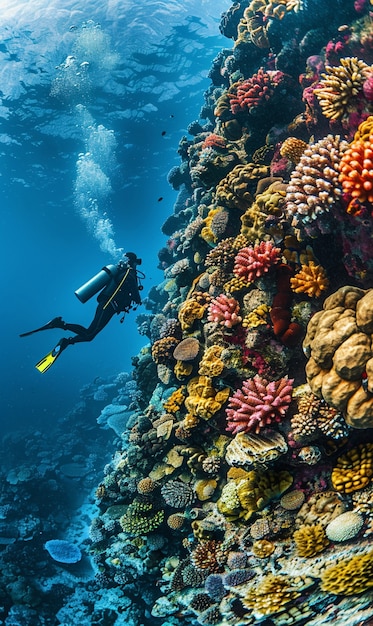 Diver under sea surrounded by wild nature