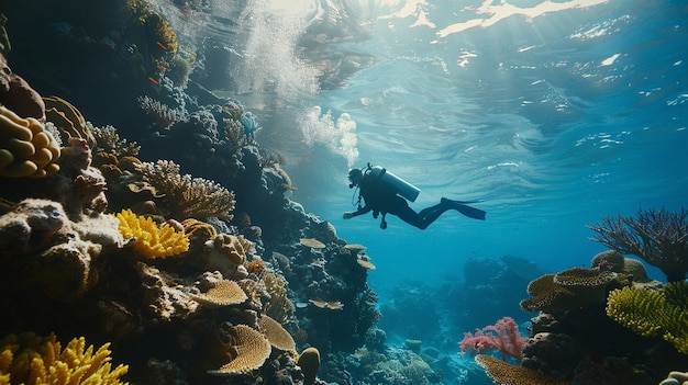 Free photo diver under sea surrounded by wild nature