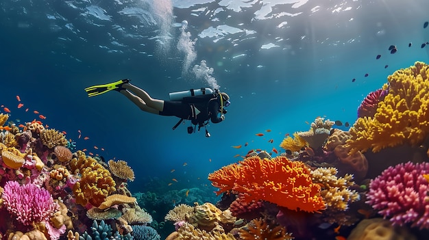 Free photo diver under sea surrounded by wild nature