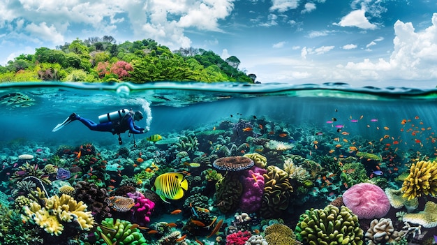 Diver under sea surrounded by wild nature