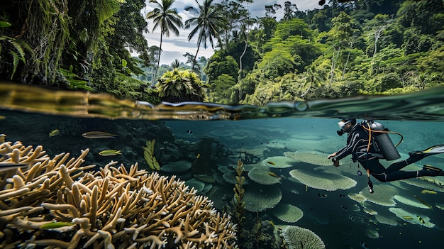 Free photo diver under sea surrounded by wild nature