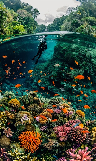 Free photo diver under sea surrounded by wild nature