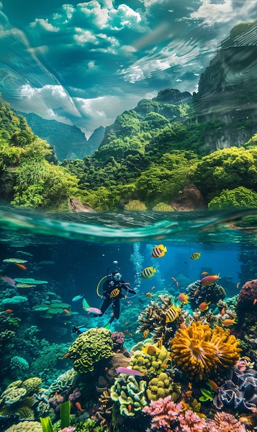 Free photo diver under sea surrounded by wild nature