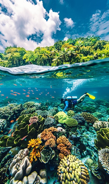 Diver under sea surrounded by wild nature