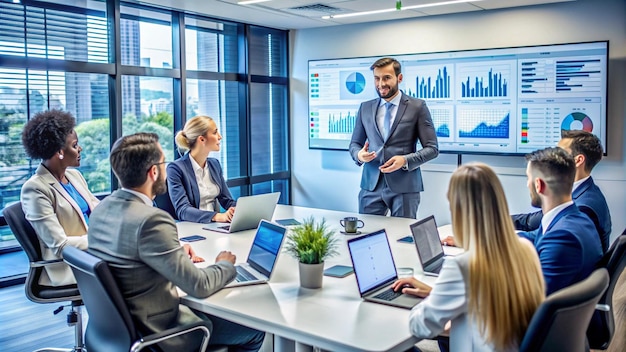 Free photo diverse business team meeting with charts on screen