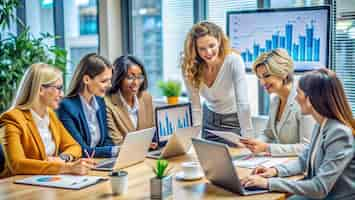 Free photo diverse businesswomen collaborate in a meeting with laptops and documents