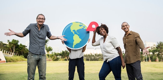 Free photo diverse friends holding various icons