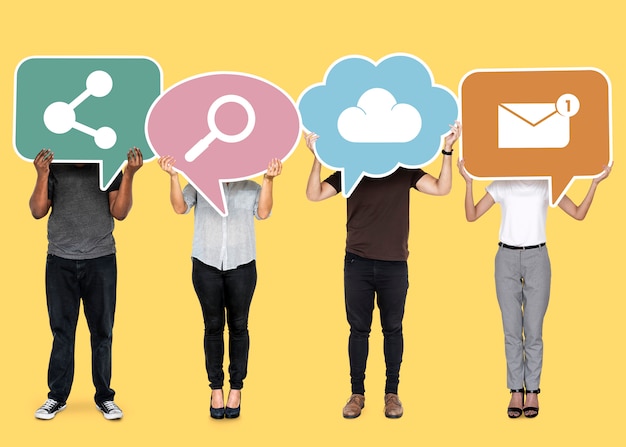 Free Photo diverse people holding cloud network symbols