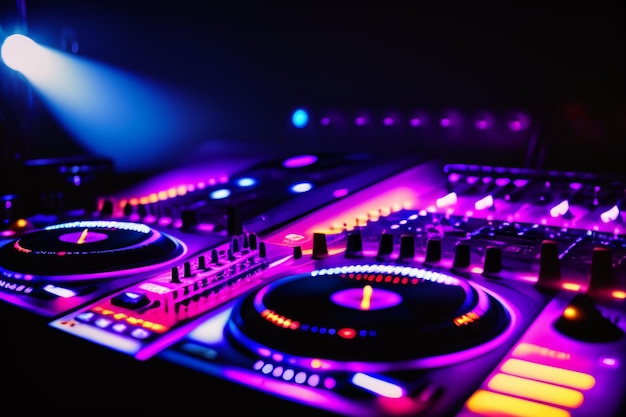 Dj equipment in a dark room with purple lights