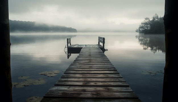 A dock on a lake with a cloudy sky in the background.