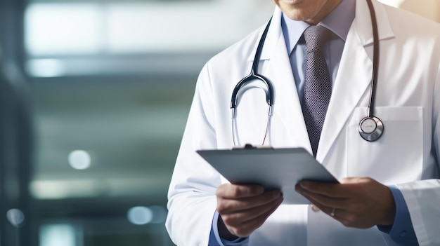 A doctor is seen writing notes on a clipboard in a welllit hospital corridor with plenty of space for additional information