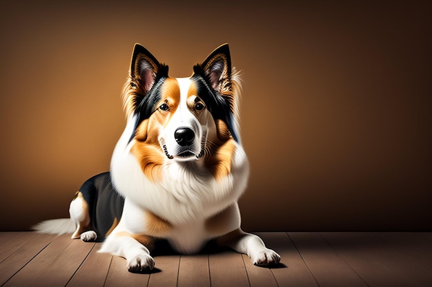 A dog laying on a wooden floor with a brown background.