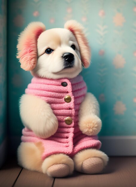 A dog wearing a pink sweater with gold buttons on it.