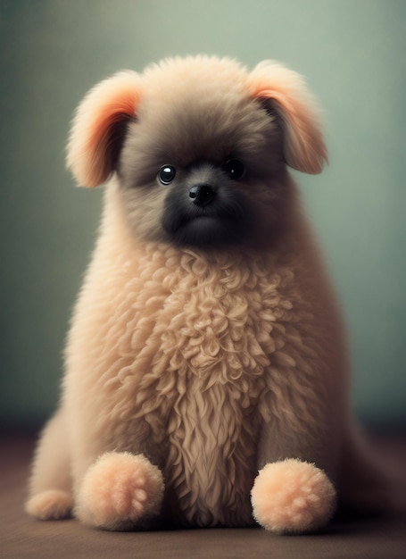 A dog with a black nose and a black nose sits on a brown table.