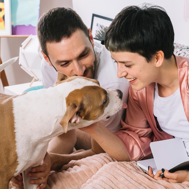 Free photo dog with owners during the morning